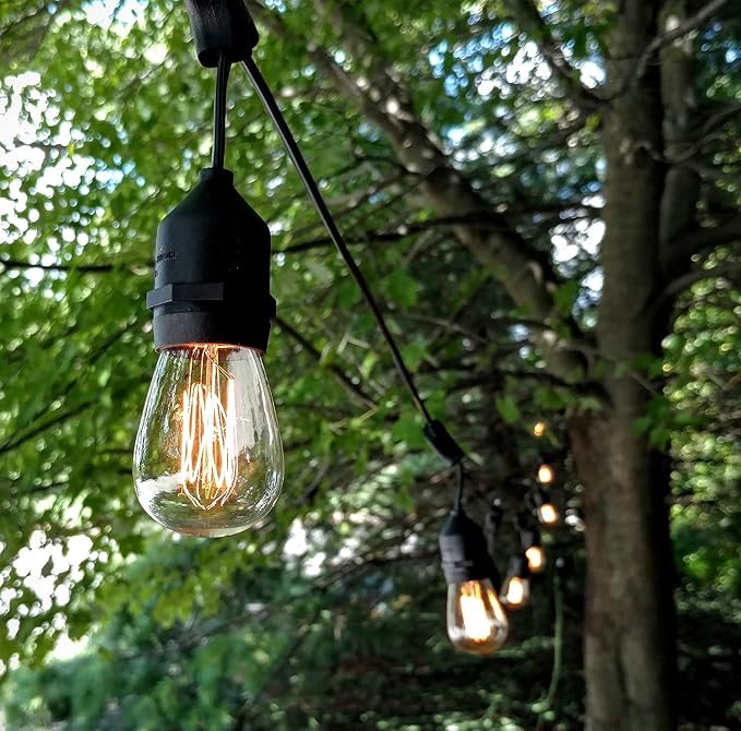 Hometown Evolution, Inc. E26 Outdoor Commercial String Lights with Suspended Socket for Weatherproof Heavy Duty Vintage Outside Lighting (S14 Lantern Edison 11 Watt Bulbs, 24 Foot 12 Socket)