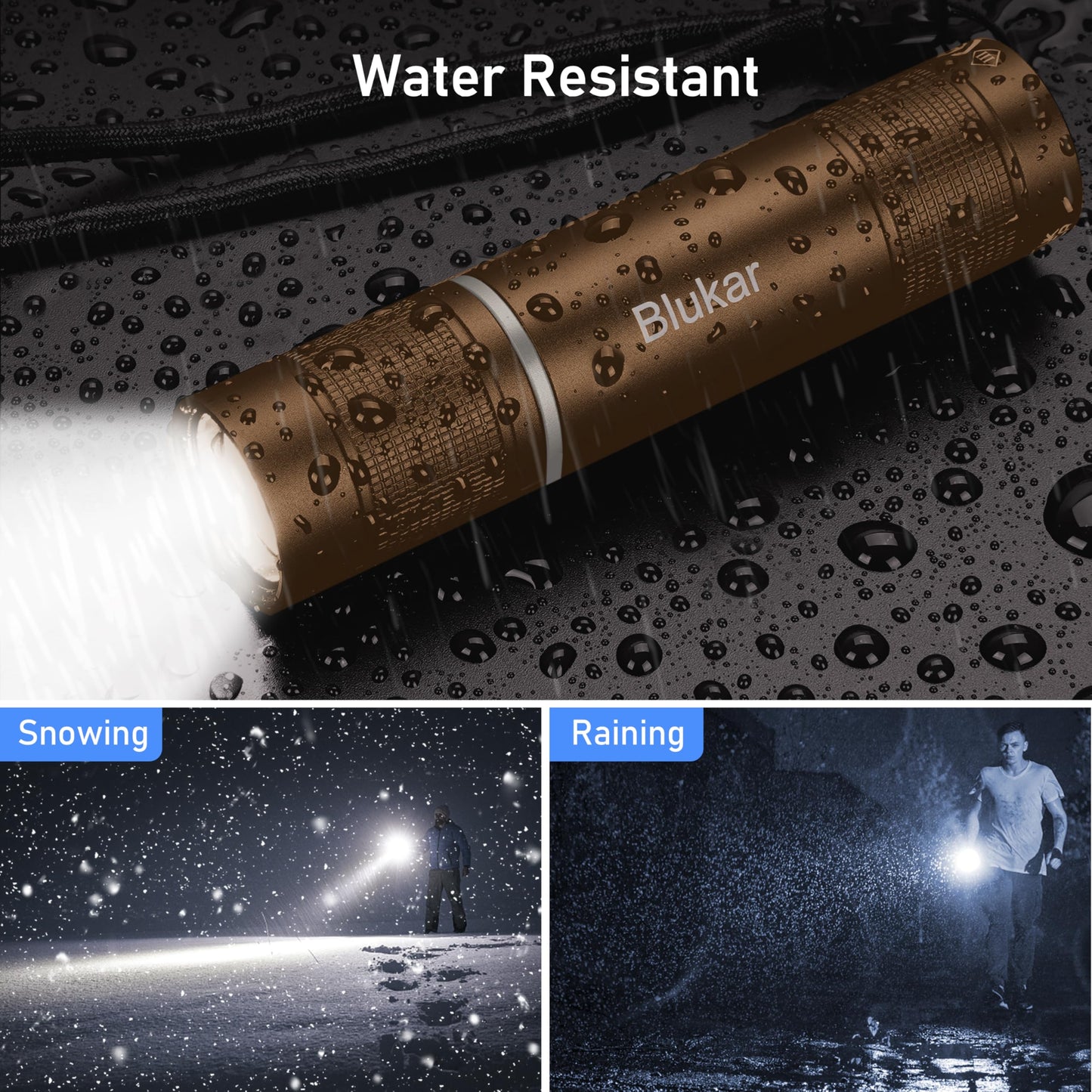 Blukar Rechargeable Flashlight, 2000L, Zoomable Led, Adjustable Brightness, Brown, Aluminum, Model K9132, 1 Pack