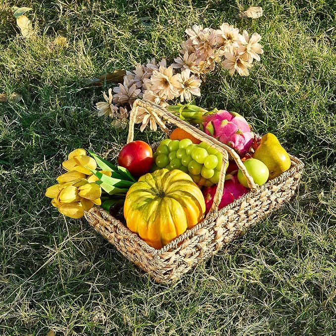 Wicker Picnic Basket with Handles, Wicker Baskets with Wooden Base for Picnic, Camping & Storage Basket