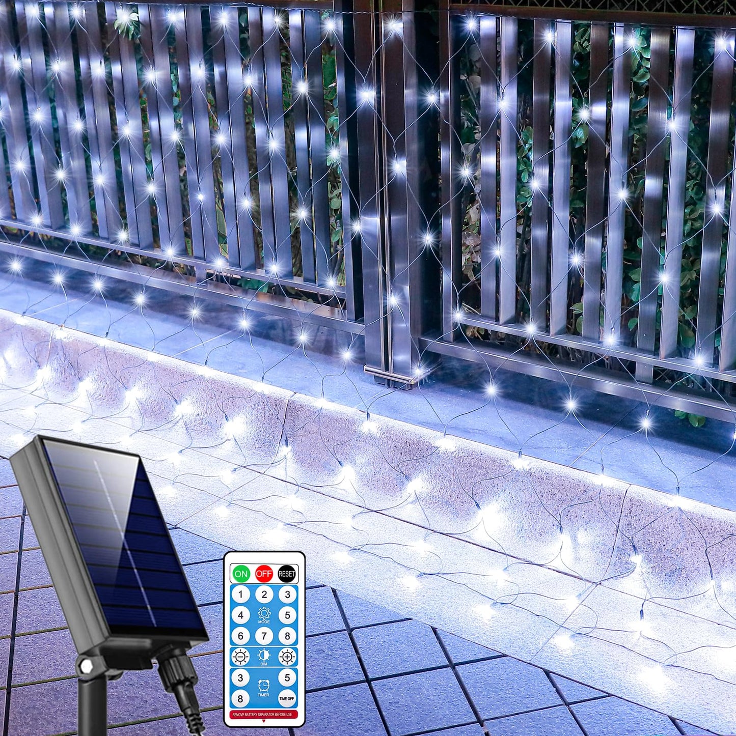 FunNite Solar Net Lights 21ft x 5ft, 360 LED Waterproof Mesh, Remote Control, Cool White, Model LR-(1-1000) L-SL01