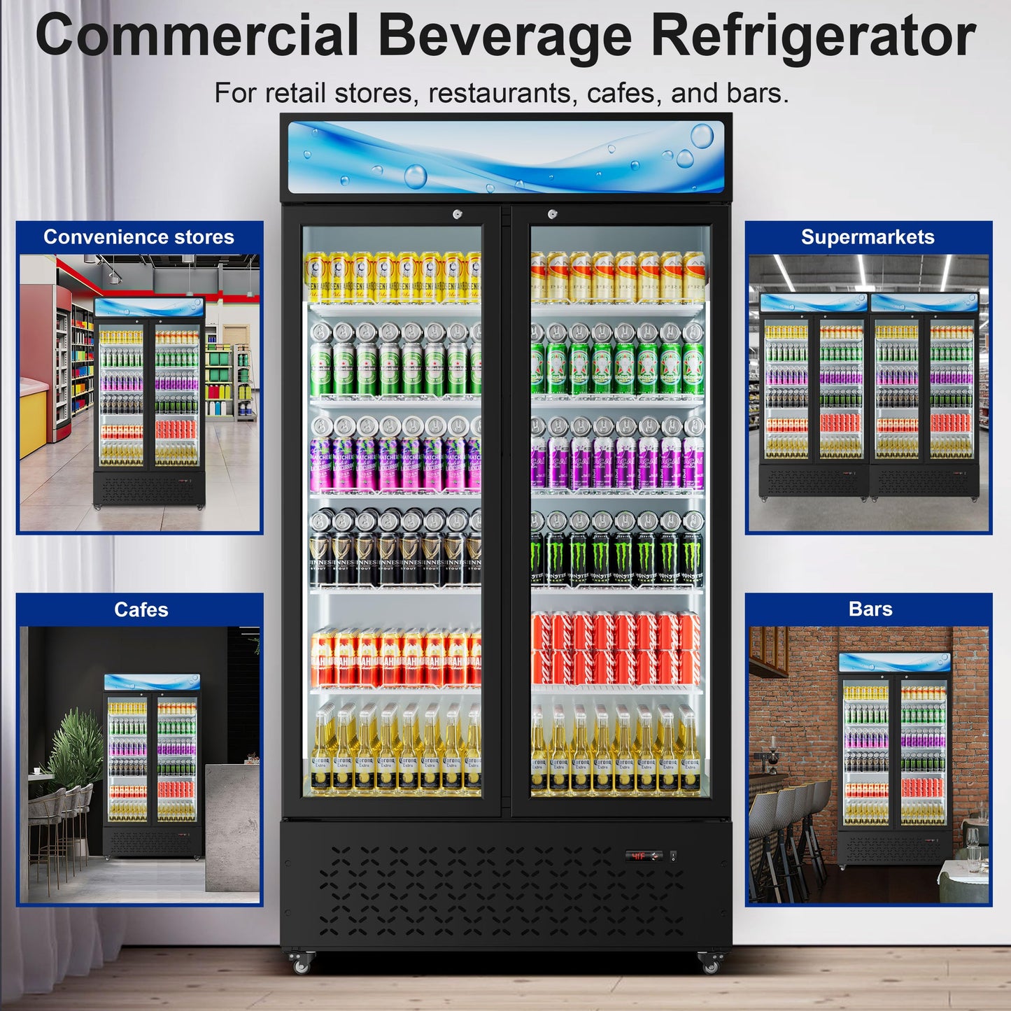 Beverage Cooler Commercial Refrigerator 40.3 Cu.Ft. Glass Door Display Refrigerator with LED Light, Shelves, Display 10 Commercial Beverage Refrigeratorfor Restaurant Cafe Bar Store (40.3 Cu.Ft.)