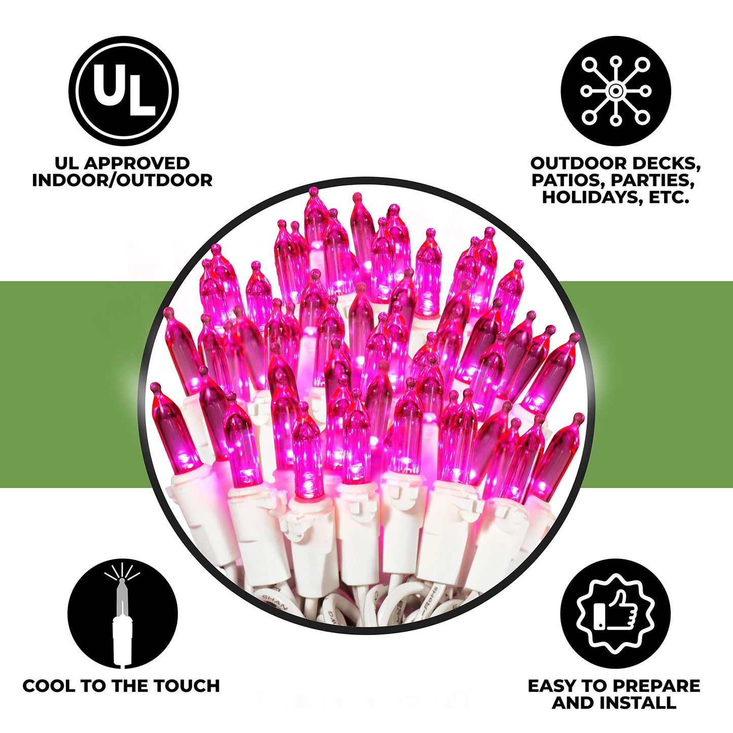 612 Vermont Pink Led Christmas Lights - 18.5Ft Lighted Length, White Wire, Ul Approved For Indoor/Outdoor Use, Model Ml-100/3S3Bie-3