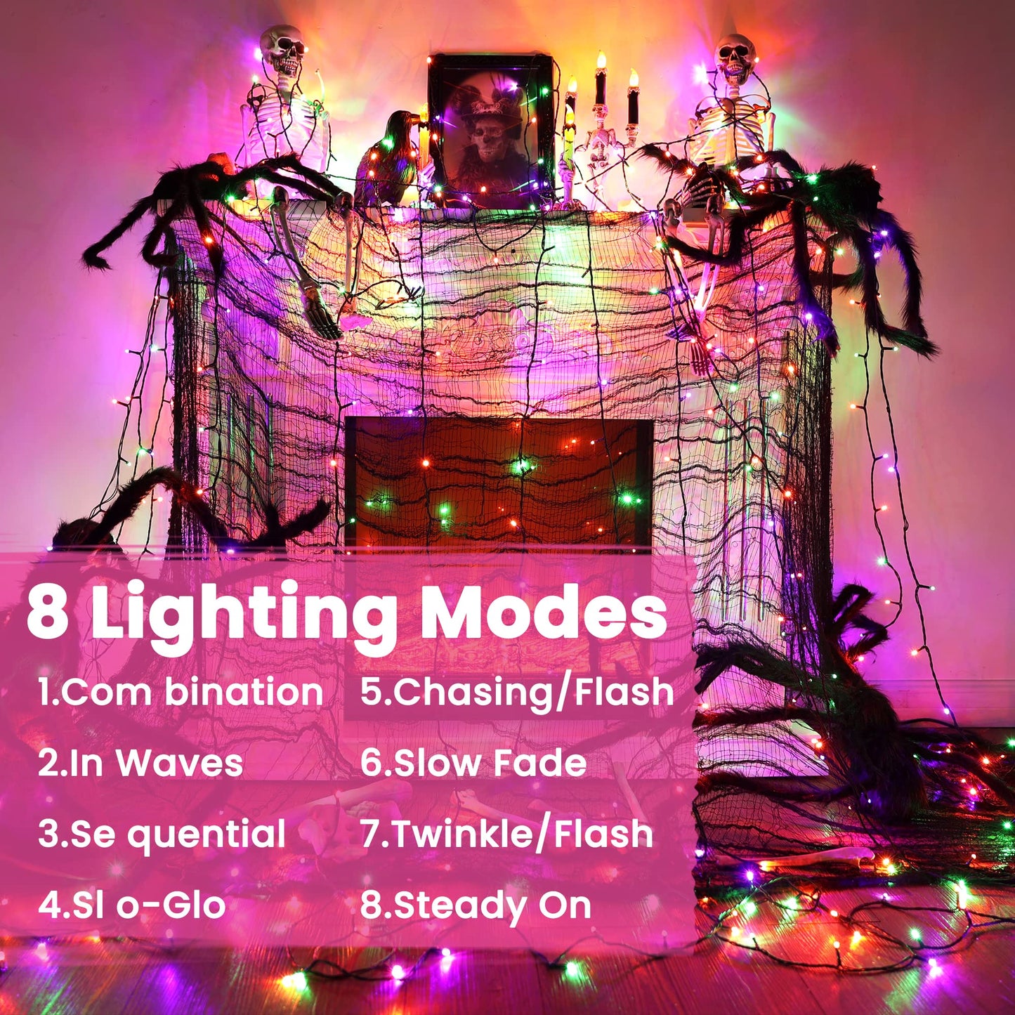 Jnaurb Halloween String Lights, 300 LED, 114ft, Waterproof, 8 Modes, Orange, Green & Purple, Model LED0823300