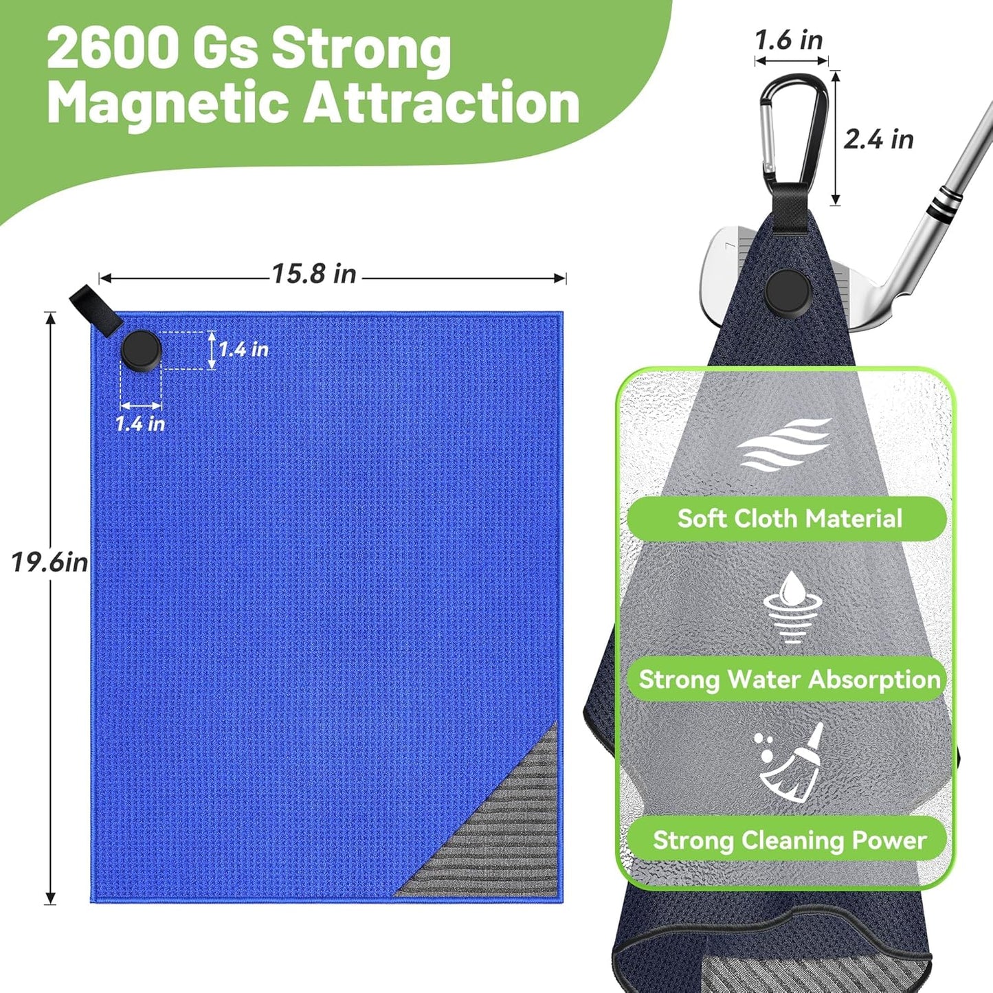 2 Pack Magnetic Golf Towel for Golf Bags with Clips, Wire Cleaning Cloth, Ultra Absorbent Microfiber, Waffle Pattern Golf Towel with Magnet for Men Women, Golf Accessories for Golf Carts or Clubs