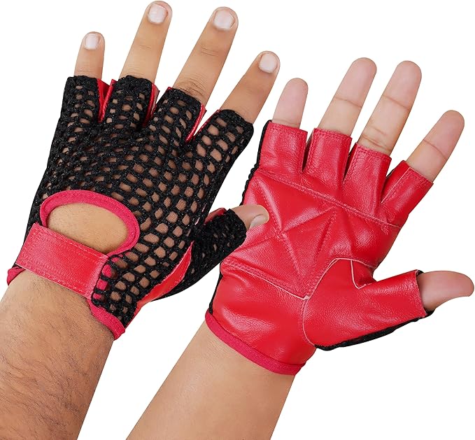 Royal Coalition Men's Driving Gloves Mesh Net Leather Racing Fingerless Motorcycle Black & Red Glove Open Knuckle