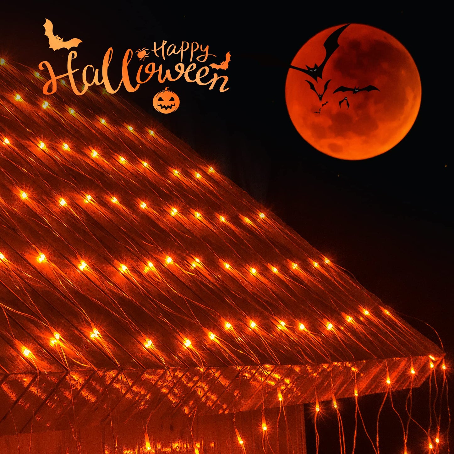 woohaha Outdoor Halloween Net Lights, 192 LED, 8 Lighting Modes, 9.8FTx6.6FT, Connectable, Orange