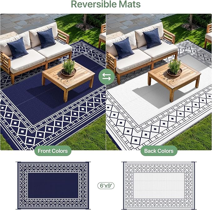 GENIMO Outdoor Rug Waterproof for Patio Decor, 6'x9' Foldable Reversible Plastic Straw Carpet for Travel Trailers, Outside Area Mat for Rv, Deck, Picnic, Porch, Camper, Balcony, Beach, Blue & White