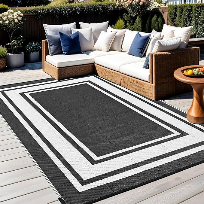 RURALITY Outdoor Rugs 5x8 Waterproof for Patios Clearance,Plastic Straw Mats for Backyard,Porch,Deck,Balcony,Reversible,Black and White