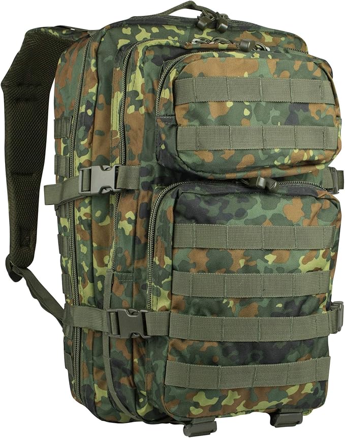 Mil-Tec Unisex Assault Pack - Rugged Durable Lightweight Ergonomic Versatile Tactical Outdoor Camping Hiking Backpack with Adjustable Padded Shoulder Straps & MOLLE Loops, Flecktarn Camo, 20L