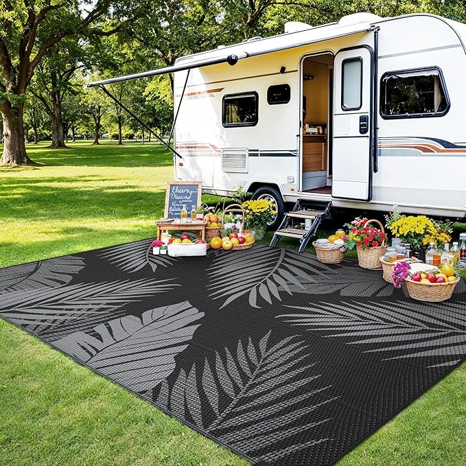Outdoor Rug 5' x 8' for Patio Waterproof Clearance, Reversible Indoor Outdoor Plastic Straw Camping Rug Carpet, RV Mat, Large Area Rug for Deck, Backyard, Balcony, Porch, Beach, Black and Grey