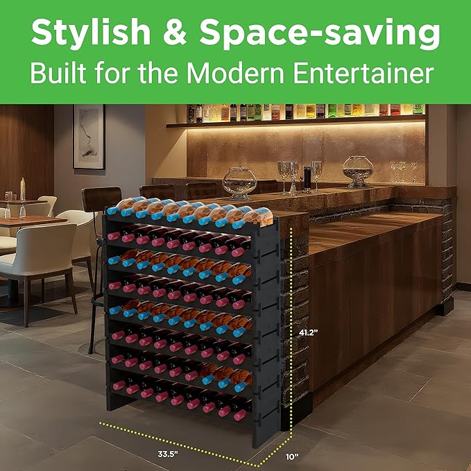 NutriChef 72 Bottle Wine Rack Stackable Bamboo Freestanding, 8-Tier Modular Shelf, Sturdy Wobble Free, Upgraded 2026 Design, Easy No-Tool Assembly for Kitchen, Cellar or Bar 33.5" x 10" x 41" (Black)