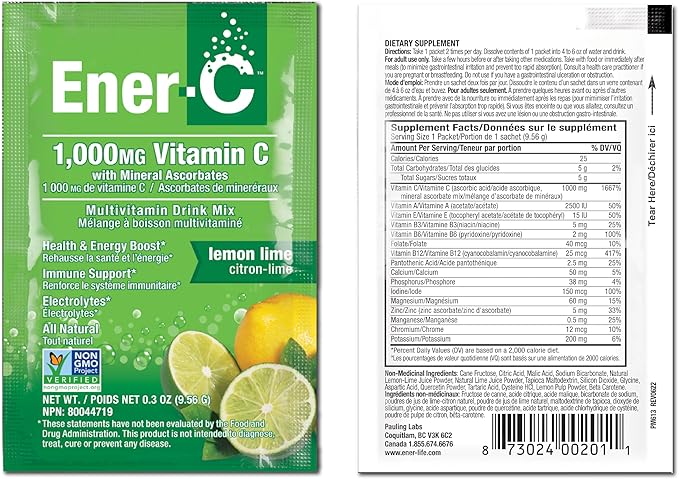 Ener-C Multivitamin Drink Mix - Vitamin Packets for Water, Electrolytes Powder Packets, Vitamin Drink Mix, Hydration Liquid Mix, Immune Booster for Adults, Healthy Energy - Lemon Lime, 60 Count