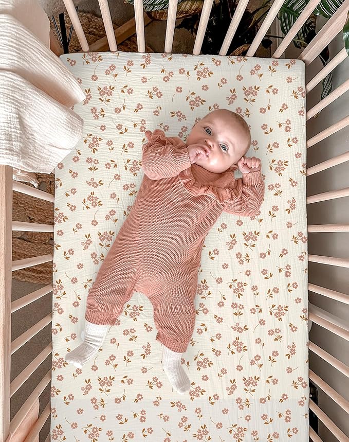 Crib Sheets for Baby Boy Girl 2 Pack, Fitted Crib Mattress Sheet 28" x 52", Muslin Toddler Bedding with Neutral Style, Nursery Bedding Essentials (Floral & Pink)