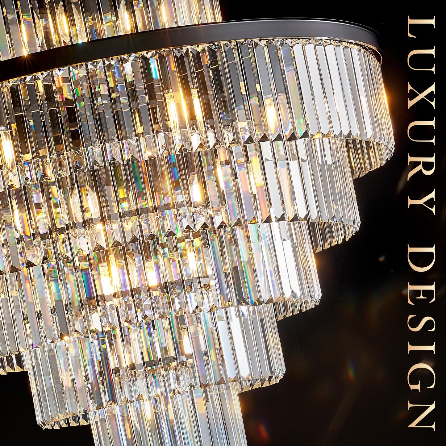 Large Crystal Chandeliers 23 Lights 36 Modern Black stylish Chandelier For Foyer Staircase Chandeliers 6 Tiers Round K9 Ceiling Pendant Lighting Fixture For Living Dining Room