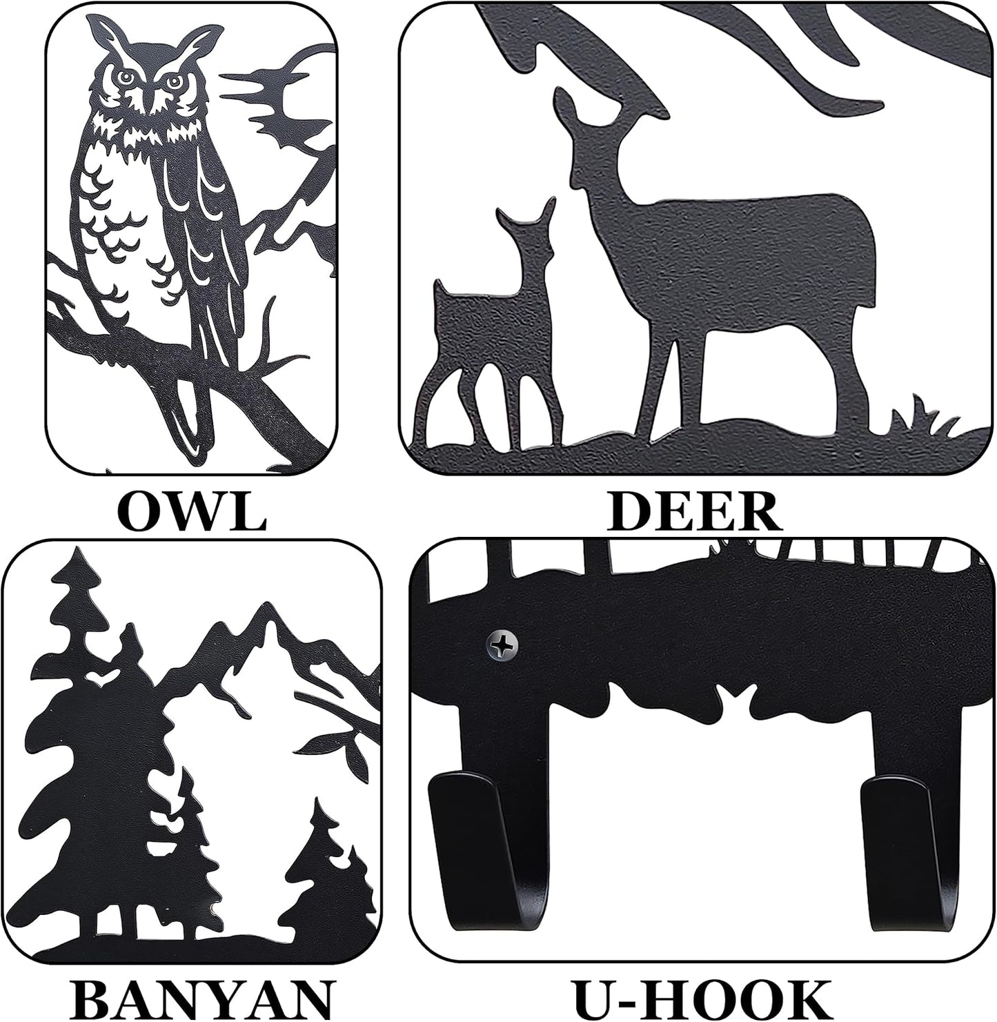 Metal Owl Hooks Wall Art Decor-Owl Hangers and Key Holder-Clothes Hat Rack and Backpack Hanger-Animal Theme Hooks Sweet Home Decor for Storage, Living Room, Hallway, Office (Black)