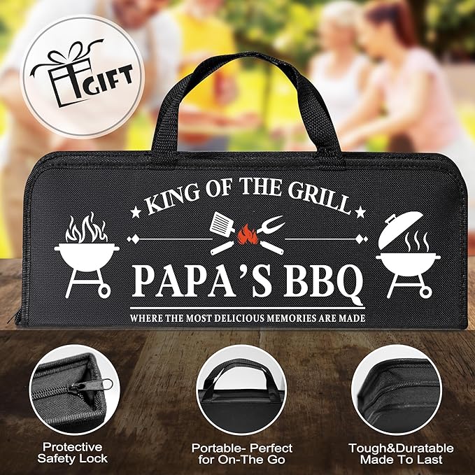 Papa Gifts from Grandkids, Papa Chritmas Grilling Accessories Gift, Heavy Duty Stainless Steel Grill Set BBQ Grill Tools for Outdoor Grill with Aluminum Case, Grill Utensils Set on Birthday(Bag)