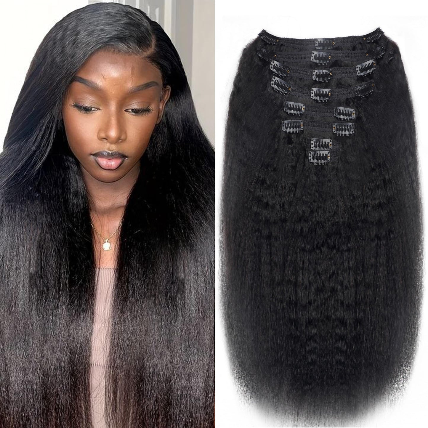 28 Inch Kinky Straight Clip In Hair Extensions Real Human Hair Kinky Straight Clip Ins #1B Natural Color Clip on Hair Extensions