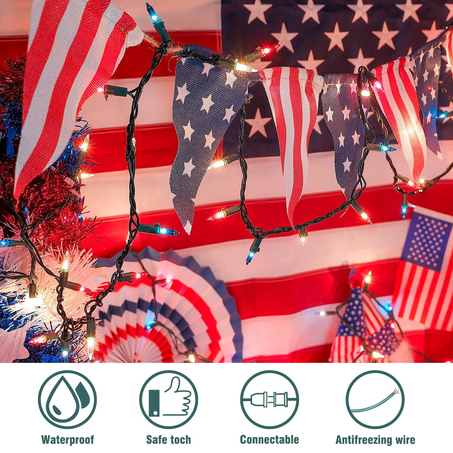 Hopolon 50 Count Red White Blue Mini String Lights, 13Ft Incandescent, 2Pack For 4Th Of July Indoor Outdoor Decor