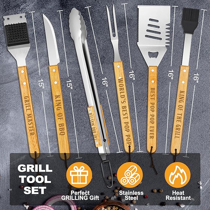 Poppop Gifts from Grandkids, Pop Pop Christmas Grilling Gift Heavy Duty Wooden BBQ Grilling Accessories Kit, Thick Stainless Steel Grill Utensils with Non-Slip Handle Tools in Portable Bag