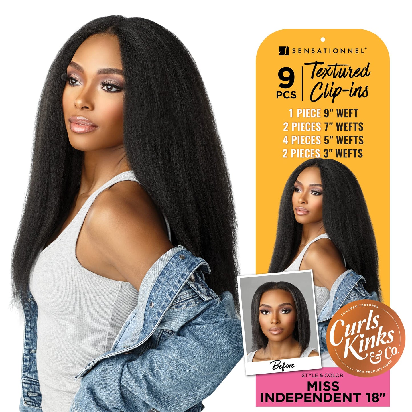 Sensationnel Curls Kinksandco Clip In - Miss Independent 18 Inch 9 Piece Pack Easy to Use Clips for Natural 3C to 4C Hair (1 JET
