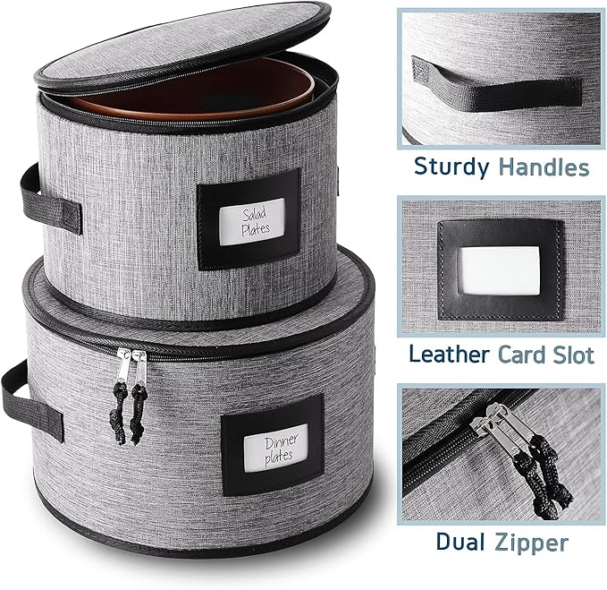 Fine China Storage Containers, 5 Piece Quilted Dish Storage Containers, Mug, Cup, and Plate Dish Organizer with Felt Dividers, Service of 12 Dinnerware Boxes for Moving, Seasonal Organization, Grey