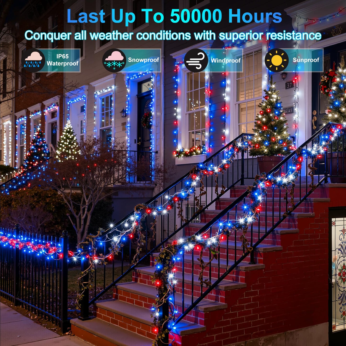 1500Led Christmas Lights Outdoor Use  470Ft 12 Modes Red Blue And White Led String Lights With Timer Dimmable  Waterproof Christmas Tree Lights For Xmas Patio Yard Fence Balcony Garden Decor
