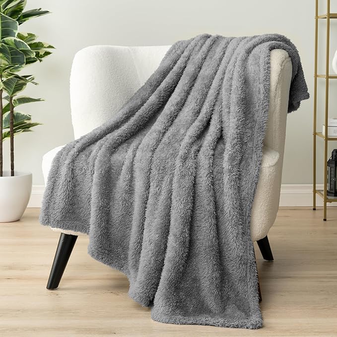 Pavilia Sherpa Bed Blanket King Size, Grey Plush Soft Cozy Fluffy Lightweight Microfiber Fuzzy All Season Blanket, 90x108 King