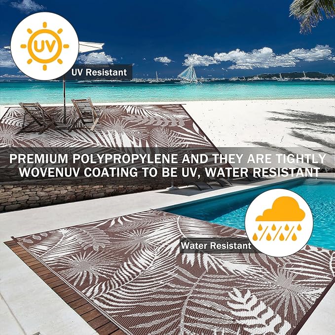 HiiARug Outdoor Rug 6x9Ft Outdoor Plastic Straw Rug Waterproof Outdoor Rugs for Patios Clearance Large Reversible Patio Mat Outdoor Area Rug for Patios Deck Beach RV Camper Backyard,Brown&White