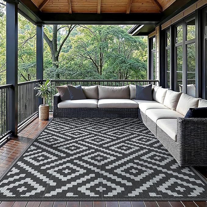 GENIMO Outdoor Rug for Patio Clearance,5'x8' Waterproof Mat,Reversible Plastic Camping Rugs,Rv,Porch,Deck,Camper,Balcony,Backyard,Black & Gray