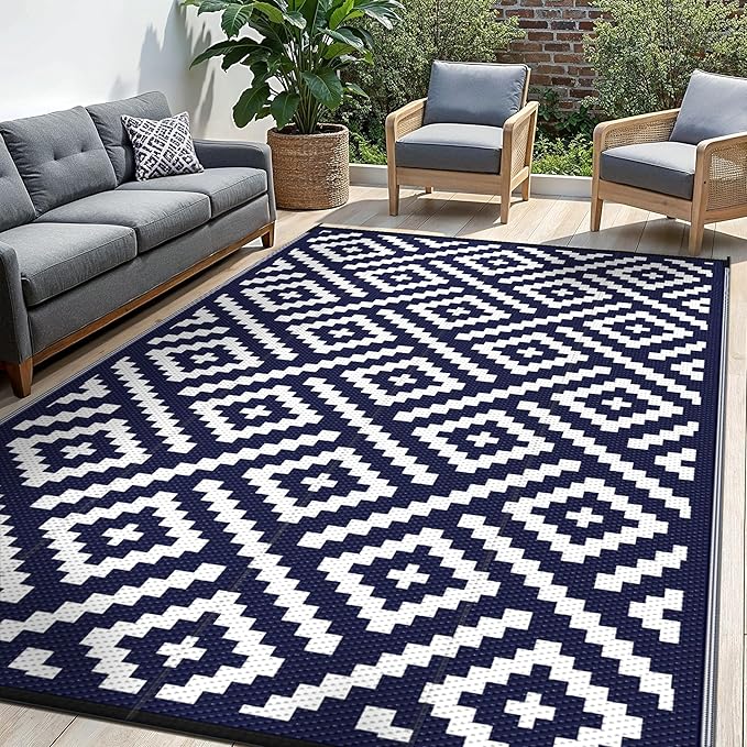 Outdoor Rug for Patio - Waterproof Plastic Straw Camping Rugs 8x10 ft, Reversible Outdoor Indoor RV Mat Carpet for Patio, Porch, Deck, Balcony, Picnic, Beach, Blue White