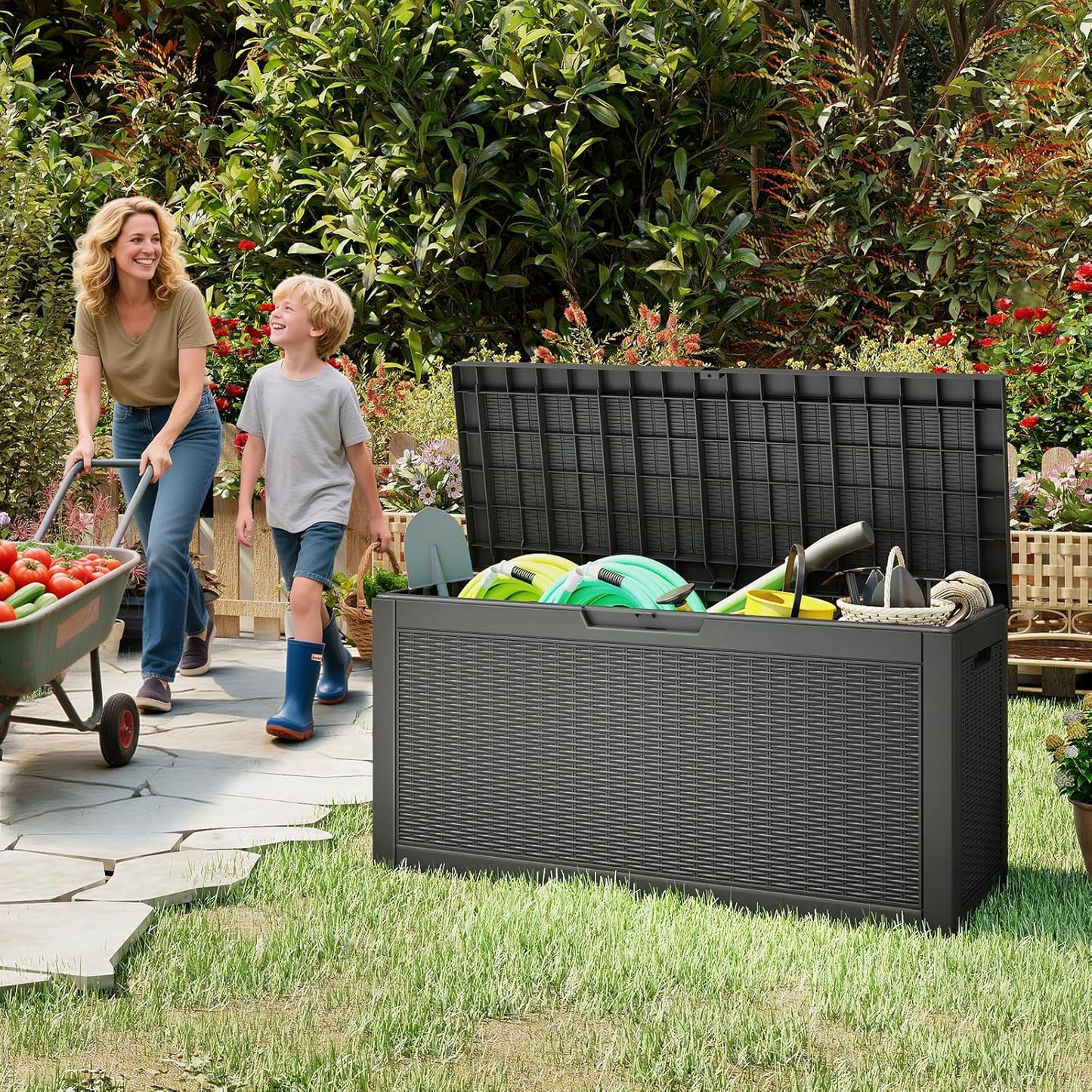 Outdoor Storage Box, 60 Gallon Waterproof Resin Deck Box, Storage Bin for Package Delivery, Patio Furniture Cushion, Garden Tools, Pool Accessories, Weatherproof and UV Resistant, Black
