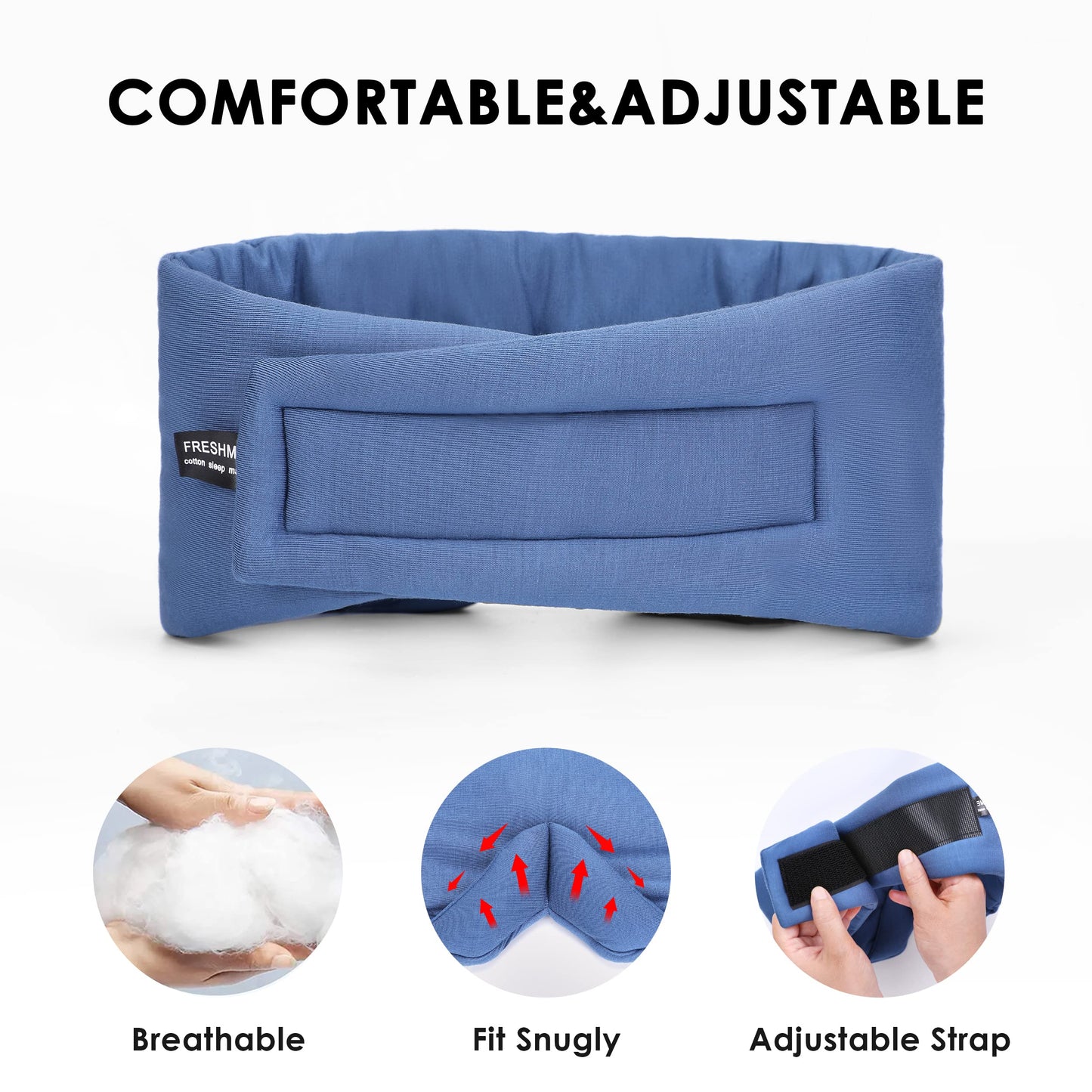 FRESHME Pure Handmade Cotton Sleep Mask - Blackout Eye Mask with Adjustable Velcro Soft and Comfortable Eye Blinder Shade for Men Women Travel Office Nap Airplane Blue