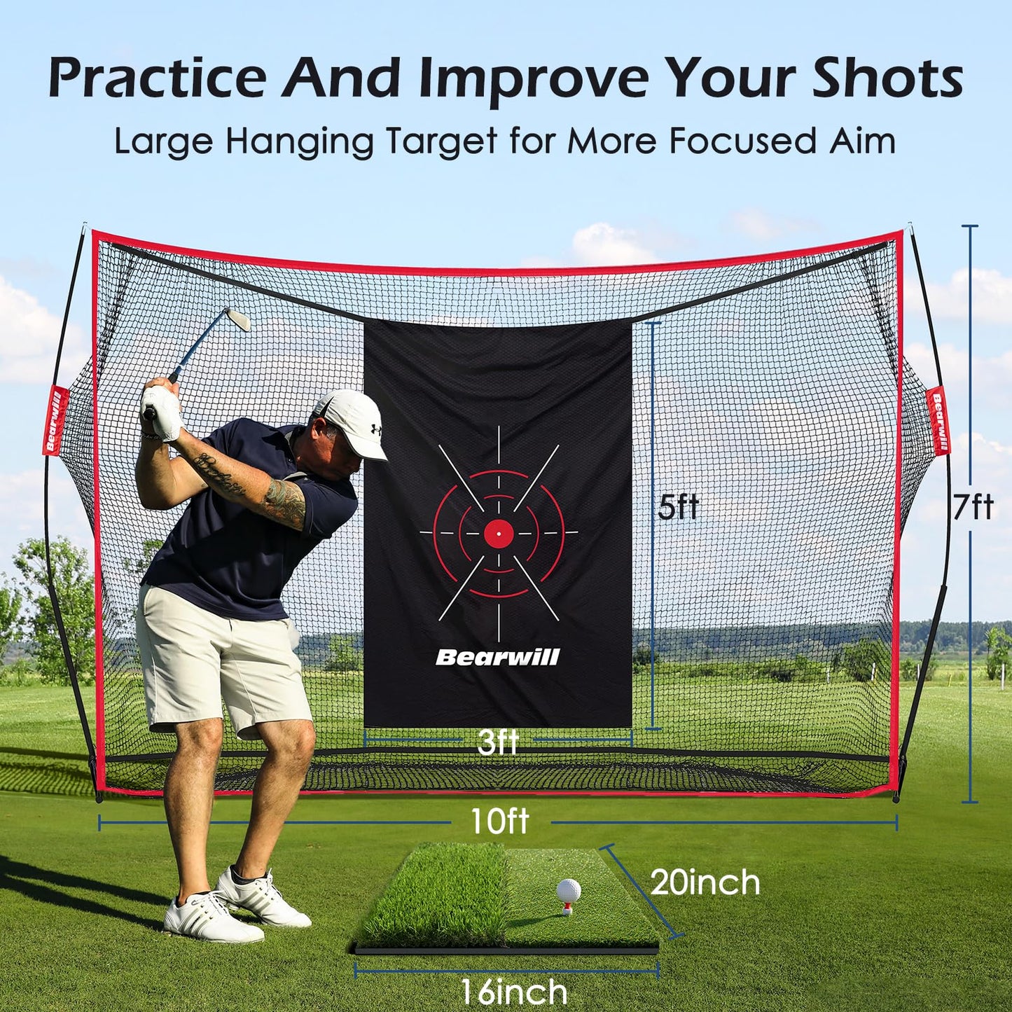 Bearwill Golf Net, 10x7ft Heavy Duty Golf Practice Nets with Mat, Target Cloth, 8 Tees, 6 Balls, Carry Bag for Backyard Driving Chipping Indoor Outdoor Training