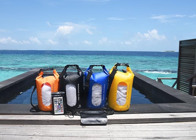 Waterproof Dry Bags Set of 3 Dry Bag with 2 Zip Lock Seals & Detachable Shoulder Strap, Waist Pouch & Phone Case - Can Be Submerged Into Water - for Swimming (Orange(Window), 20L)