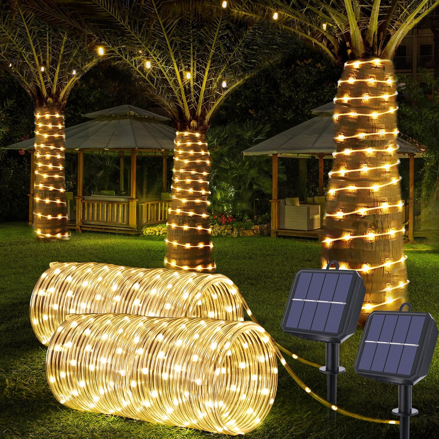 Jnaurb Solar Rope Lights, 66ft 200LED, Waterproof, Flexible Plastic, Warm White, 8 Modes, Outdoor Decor