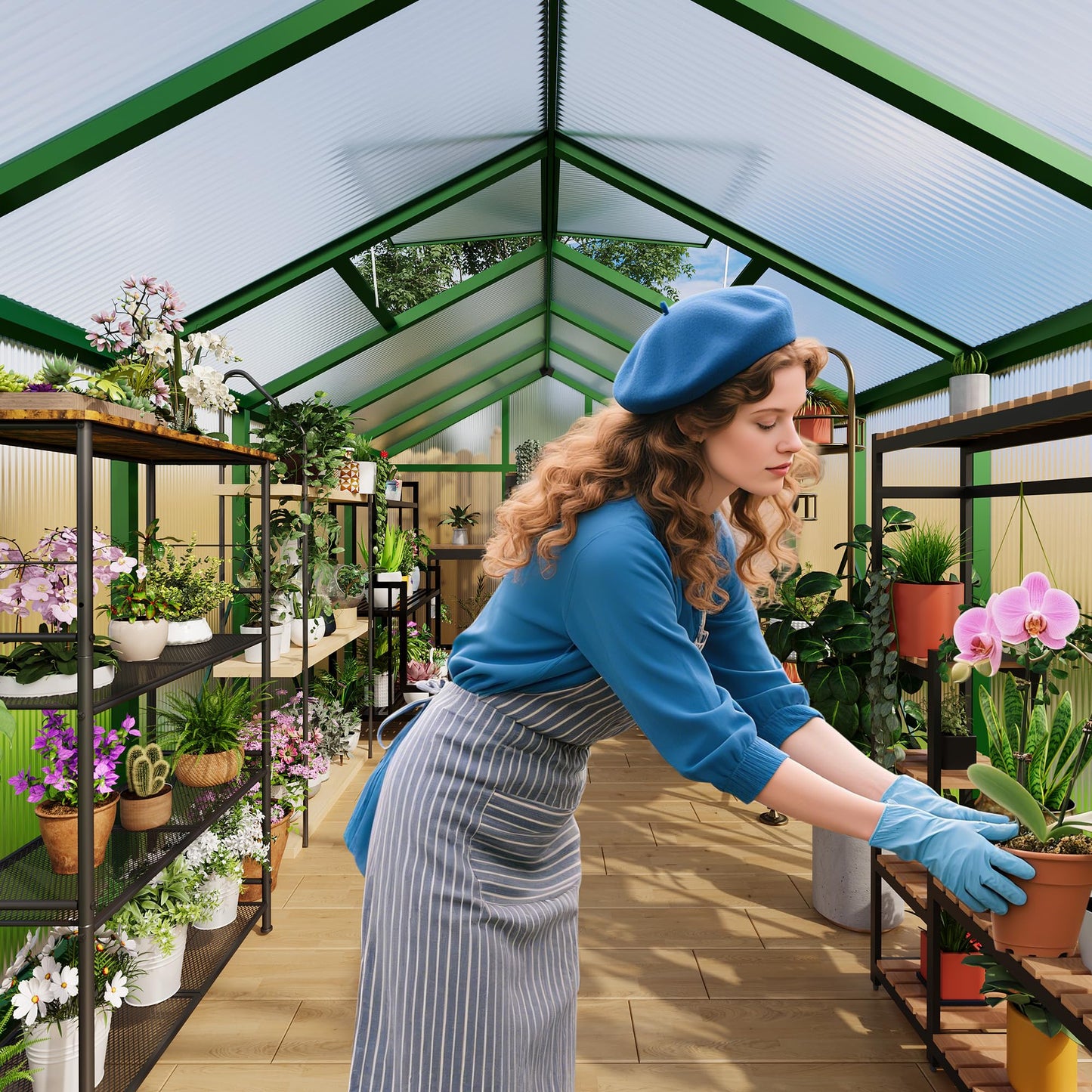 8x10 FT Greenhouse for Outdoors, Polycarbonate Greenhouse with Roof Vent, Ground Nails, Lockable Push Door, Aluminum Large Walk-in Green House for Outside Garden Backyard, Patio, Lawn, Green