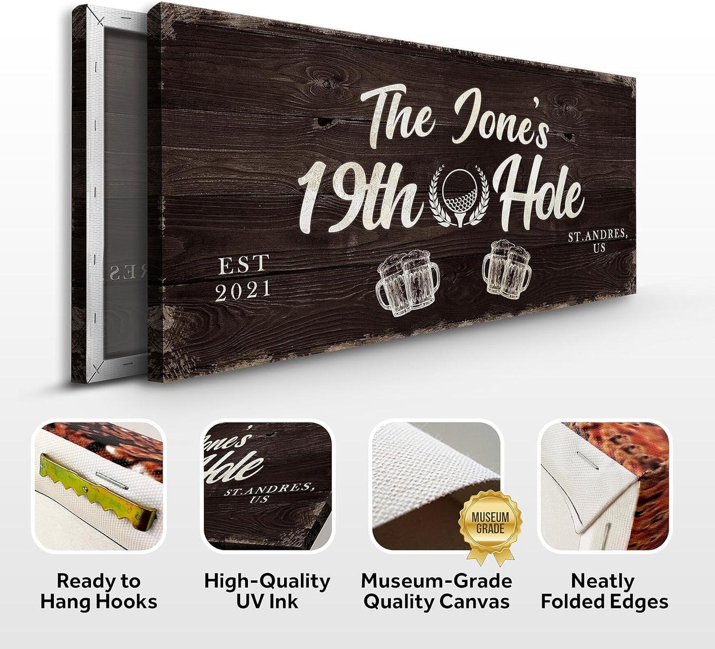 TAILORED CANVASES Golf Art Decor - Personalized Vintage Golf Wall Art Sign for Man Cave, Bedroom, Basement, Home Bar and Custom Gift for Husband, Dad, Wedding & Anniversary - 19th Hole Sign, 20"x10"