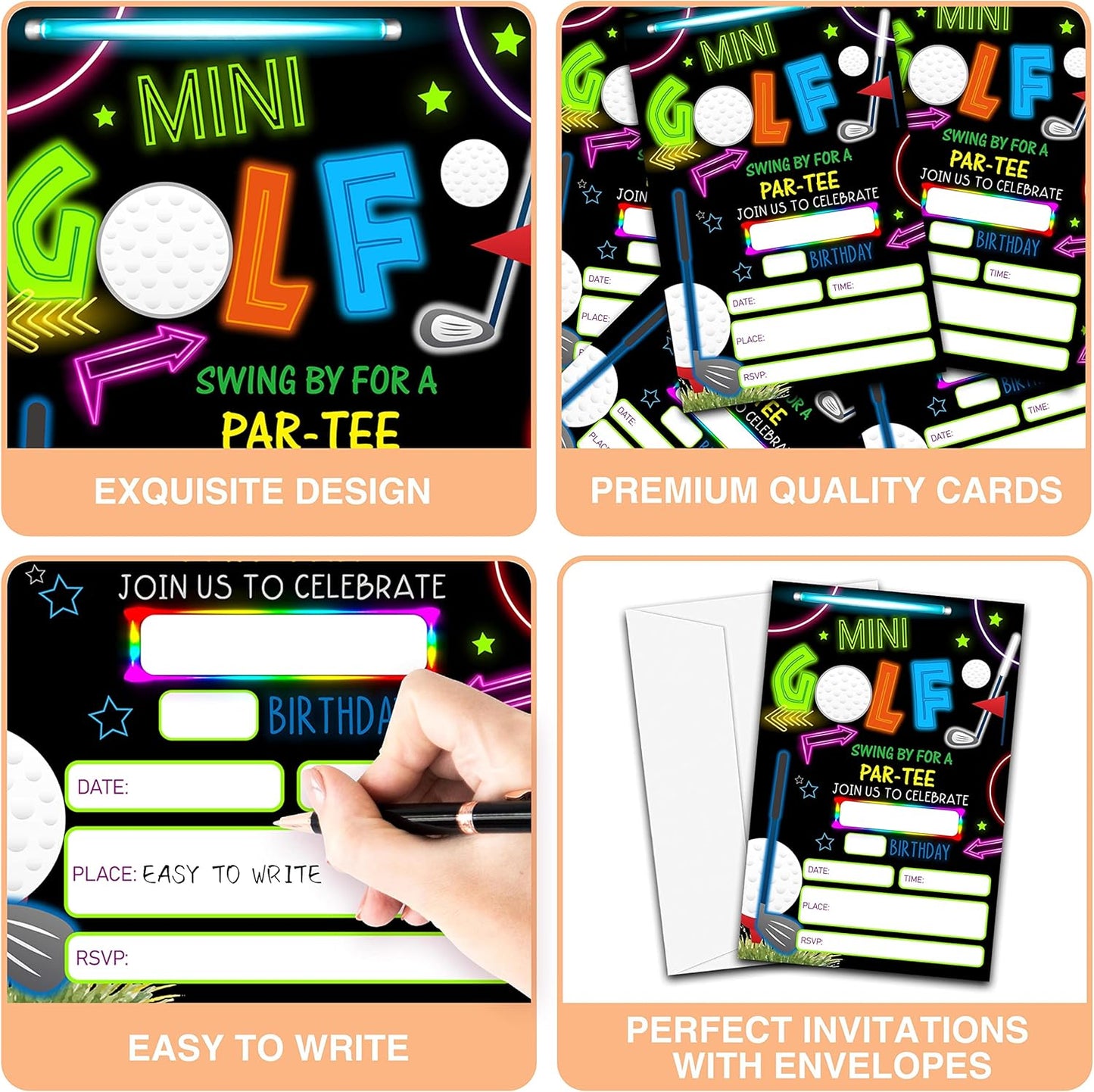 Mini Golf Invitation Birthday Party Invitations, 20-Count Neon Glow Gloss Arcade Laser Sport Theme Birthday Party Invites With Envelopes-HBYQK-B01