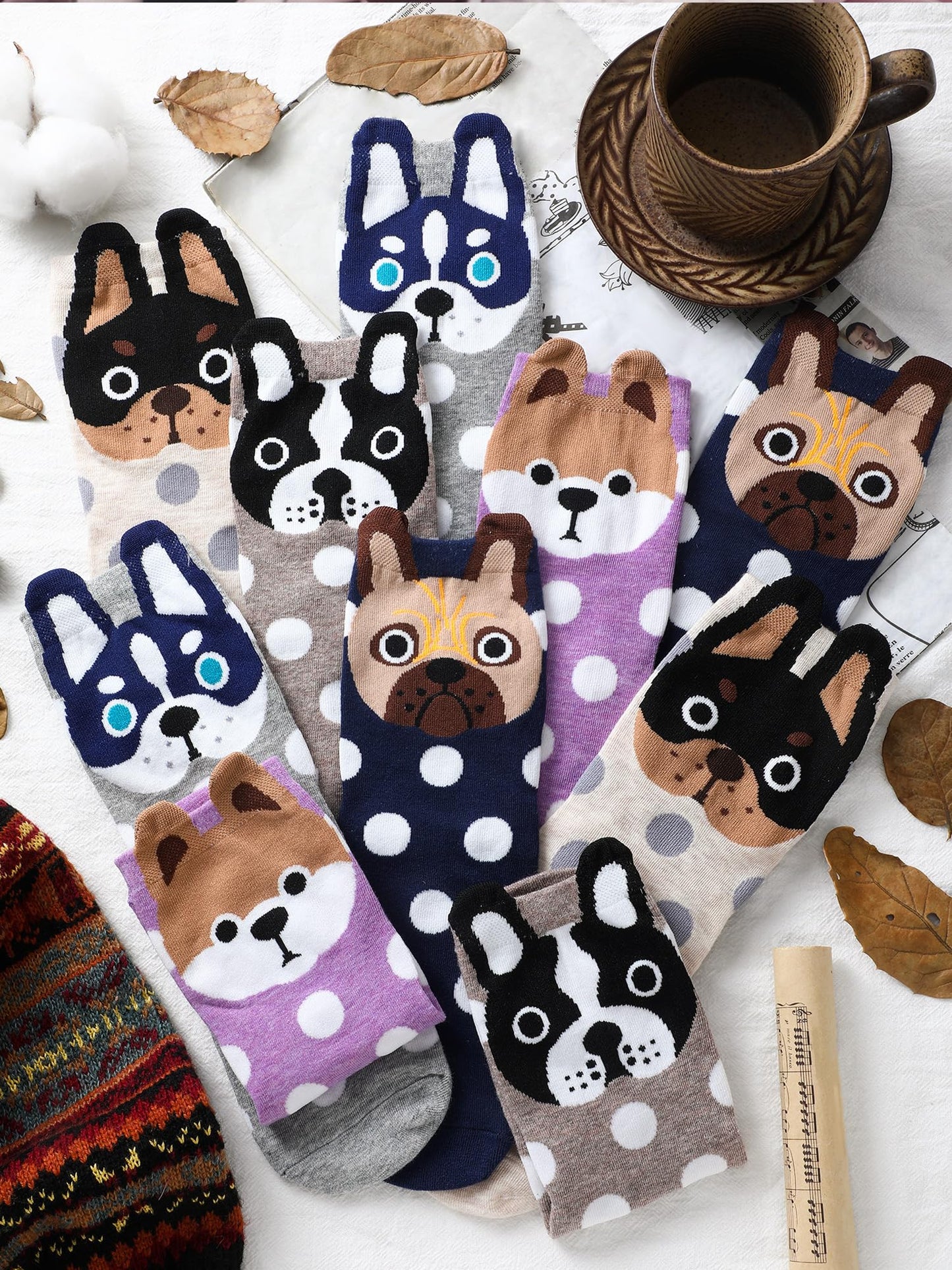 Fourluoo 5 Pairs Women Cat Socks Cute Cozy Funny Animal Patterned Fun Ankle Sock Novelty Dog Socks for Women Gift(Muted Tones,Spot Dog)