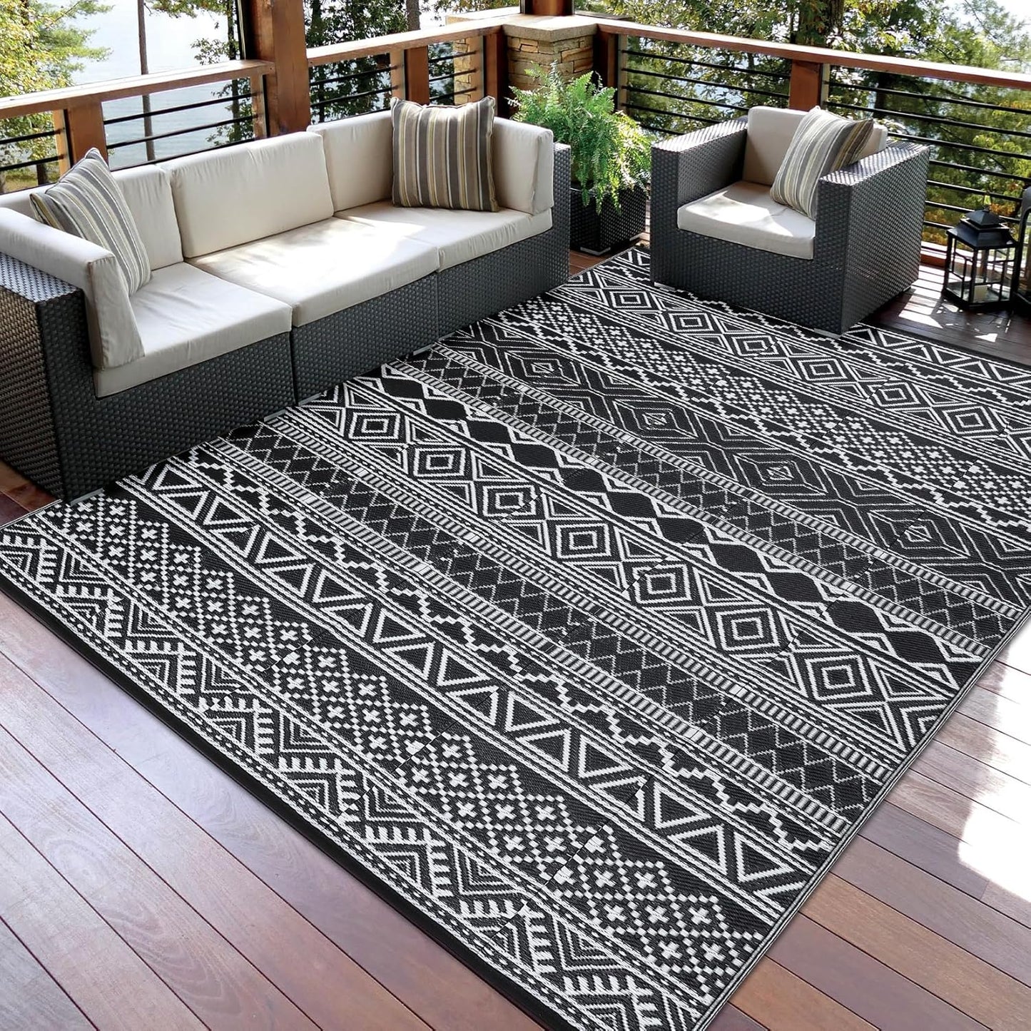 GAOMON Outdoor Rug for Patio 5'x8' Reversible Plastic Rugs Camping Mat for Outdoor, RV, Backyard, Deck, Balcony, Picnic, Beach, Black/White(Bohemia)