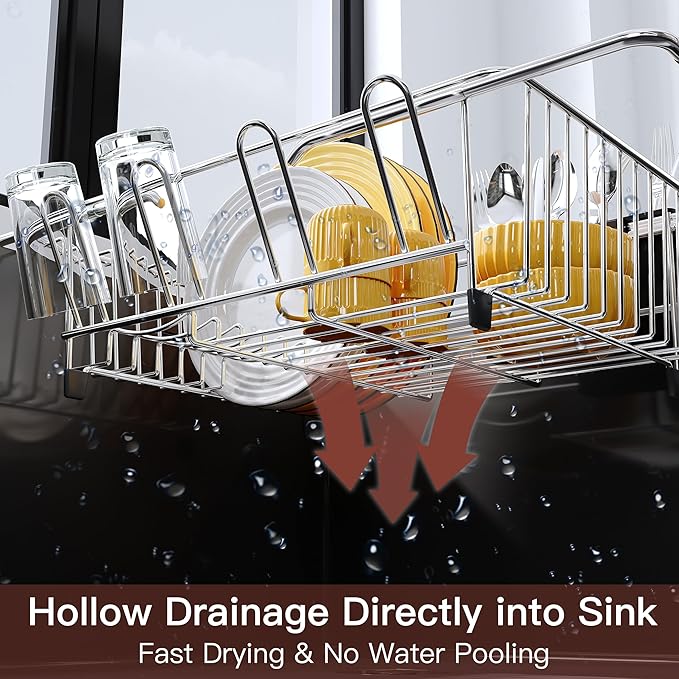 Over the Sink Expandable Dish Drainer Drying Rack In Stainless Steel for Small Kitchen, Counter Space Saving Modern Compact Metal Above Plate Dryer Strainer, Adjustable Hanging Inside Drain Holder