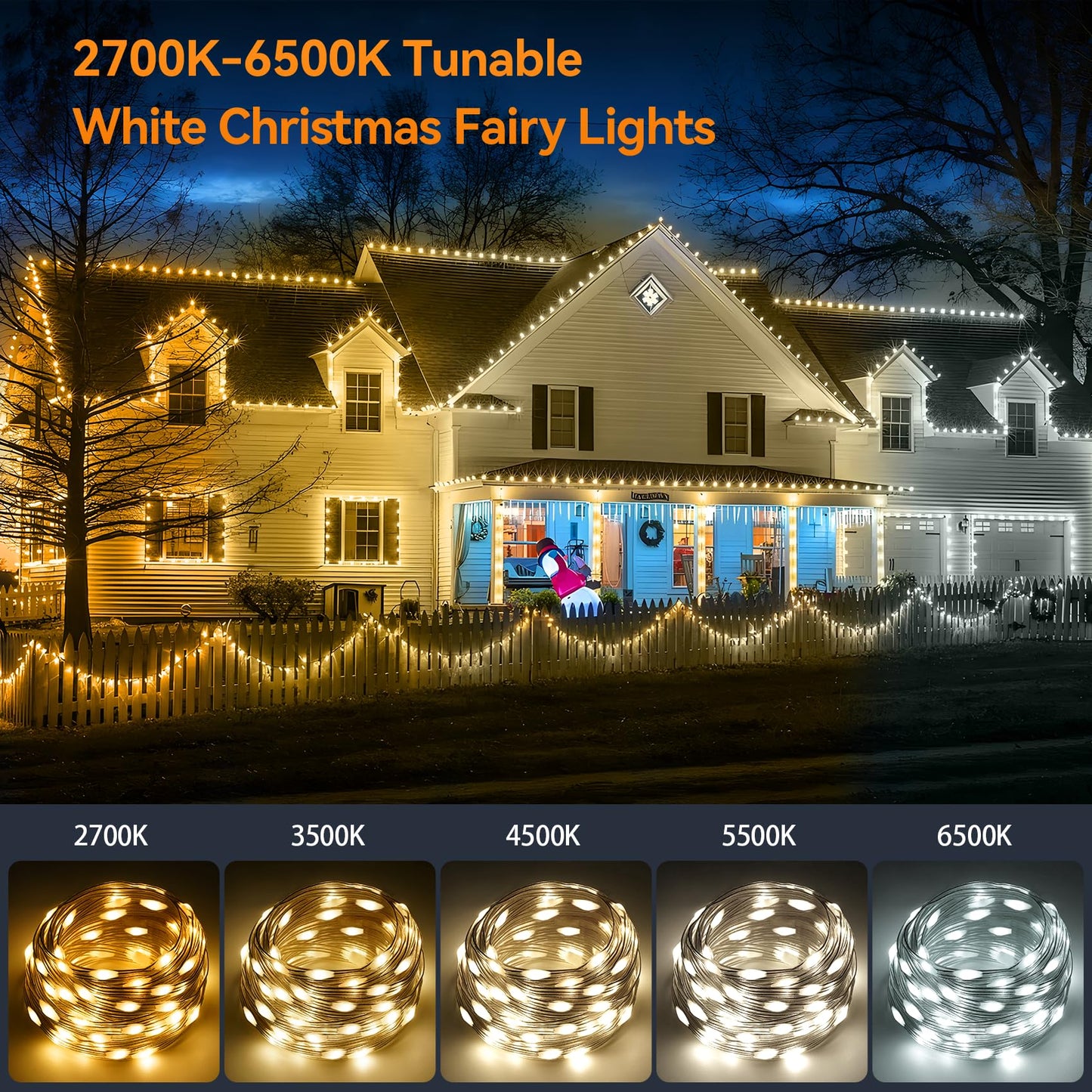HOUHUI Fairy Lights, 100Ft Waterproof LED String Lights, 2700K-6500K Tunable White, 8 Modes, Remote Control, Model TW-15M