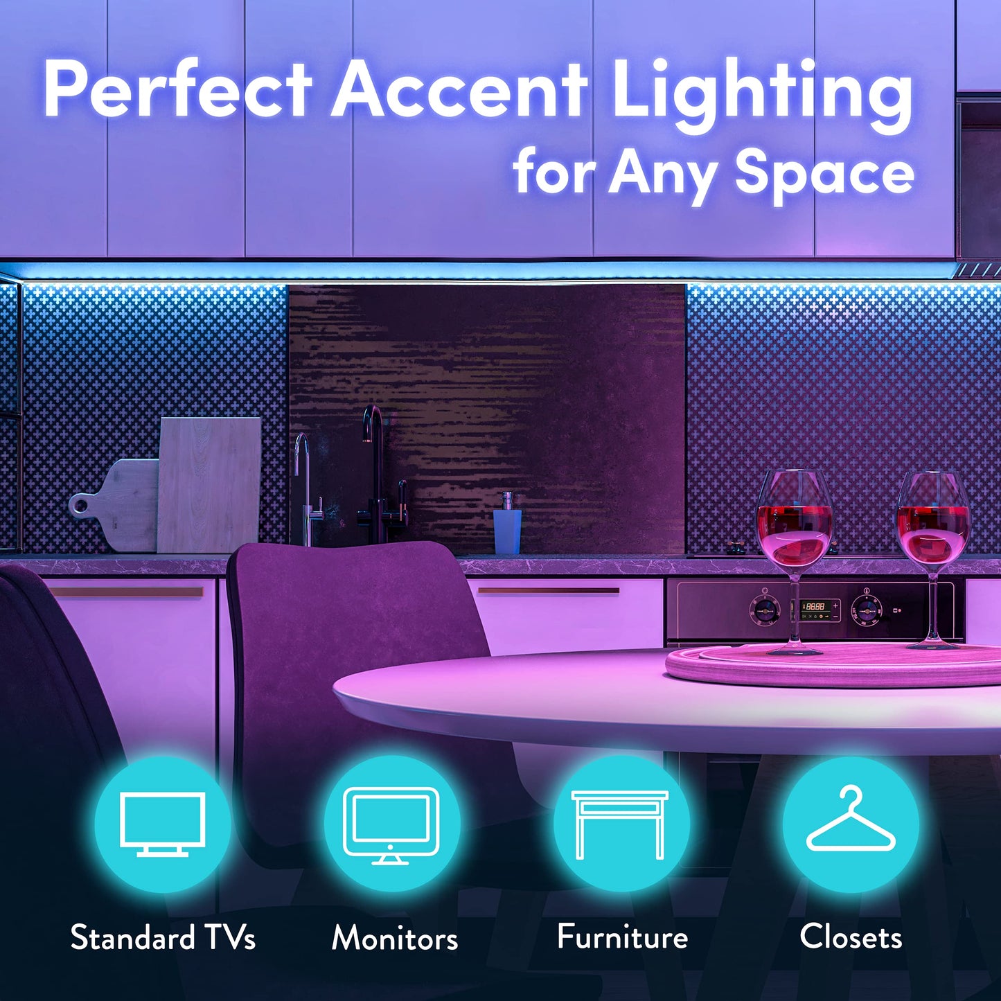 Power Practical Luminoodle Color Bias Lighting Kit, 6.6 ft LED Strip Lights for 24in to 60in TV, White, with Dimmer and Remote