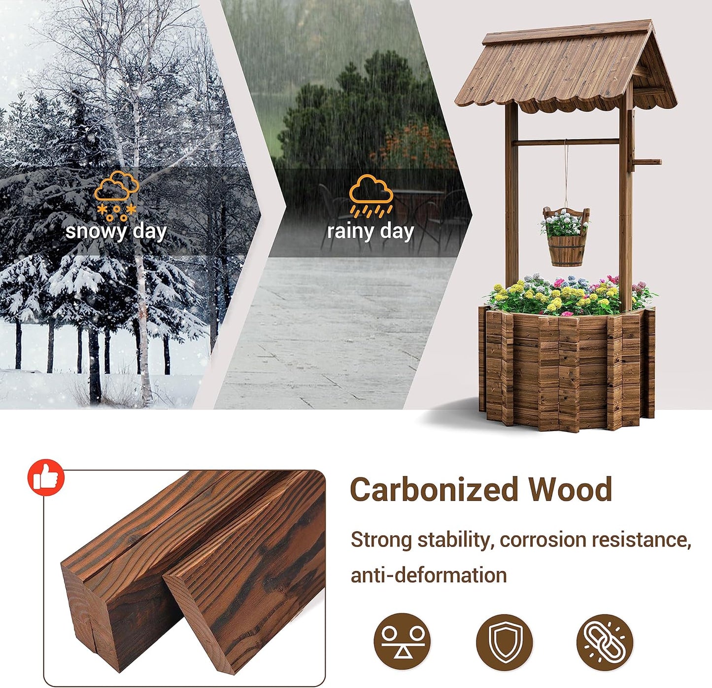 UDPATIO Wishing Wells for Outside, Wooden Wishing Well Planter for Yard, Upgrade Wishing Well with 4 Reinforced Rod & Hanging Bucket for Garden Patio Lawn Backyard Home Decor
