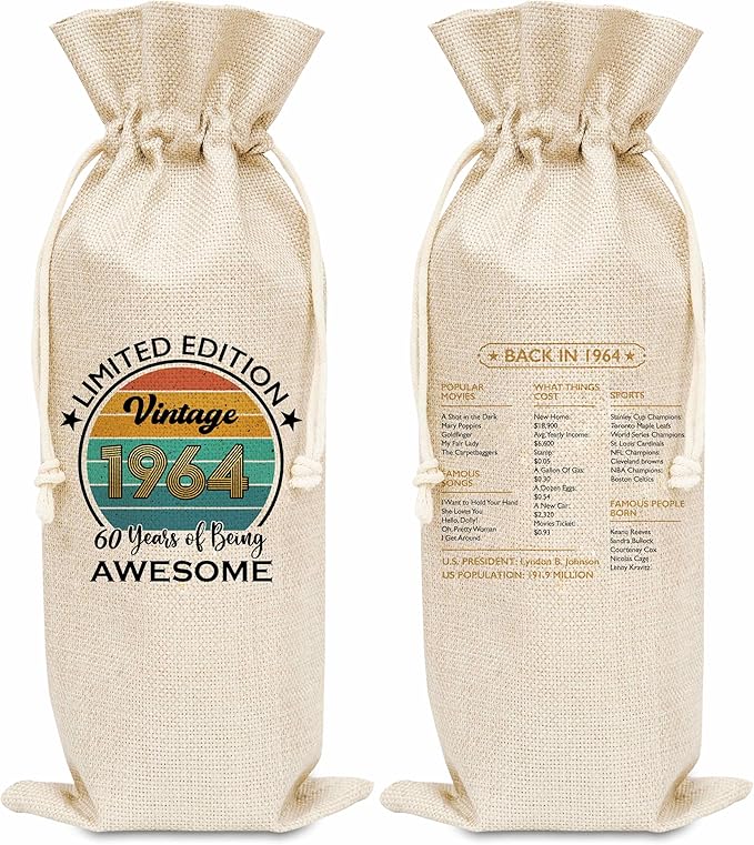 Disfuco 60th Birthday Wine Gift Bag, 1964 Birthday Gift Wine Bag, Burlap Wine Bottle Cover Bag For Women Men, Friends, Daughter, Son, Newphew, Niece, 1 Pc (B05)