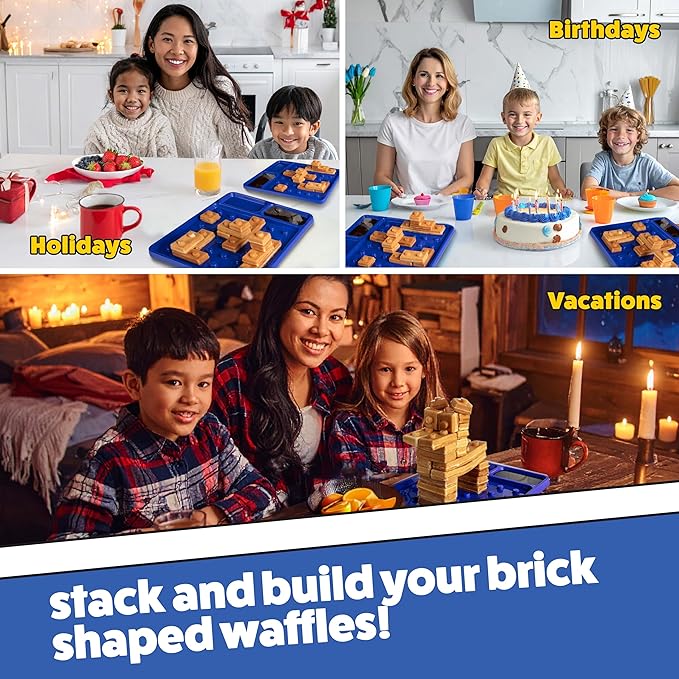 Building Brick Electric Waffle Maker- GREY with 2 Construction Eating Plates- Cook Fun Buildable Gingerbread Man Waffles in Minutes- Revolutionize Breakfast - Stack & Build on Serving Dishes Xmas Gift