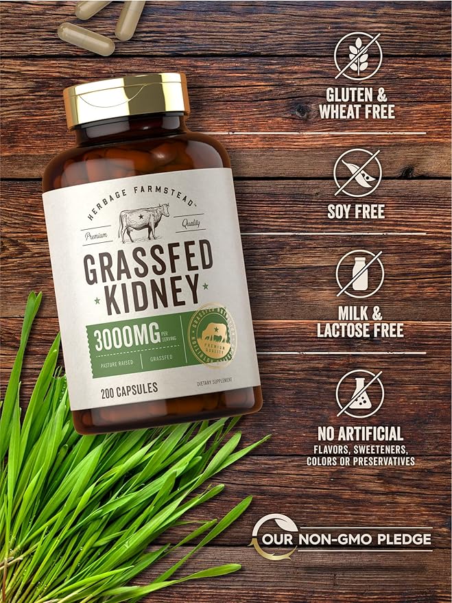 Carlyle Grass Fed Beef Kidney Supplement | 200 Capsules | 3000mg | Pasture Raised Desiccated Bovine Supplement | Hormone and Pesticide Free | Non-GMO, Gluten Free | by Herbage Farmstead