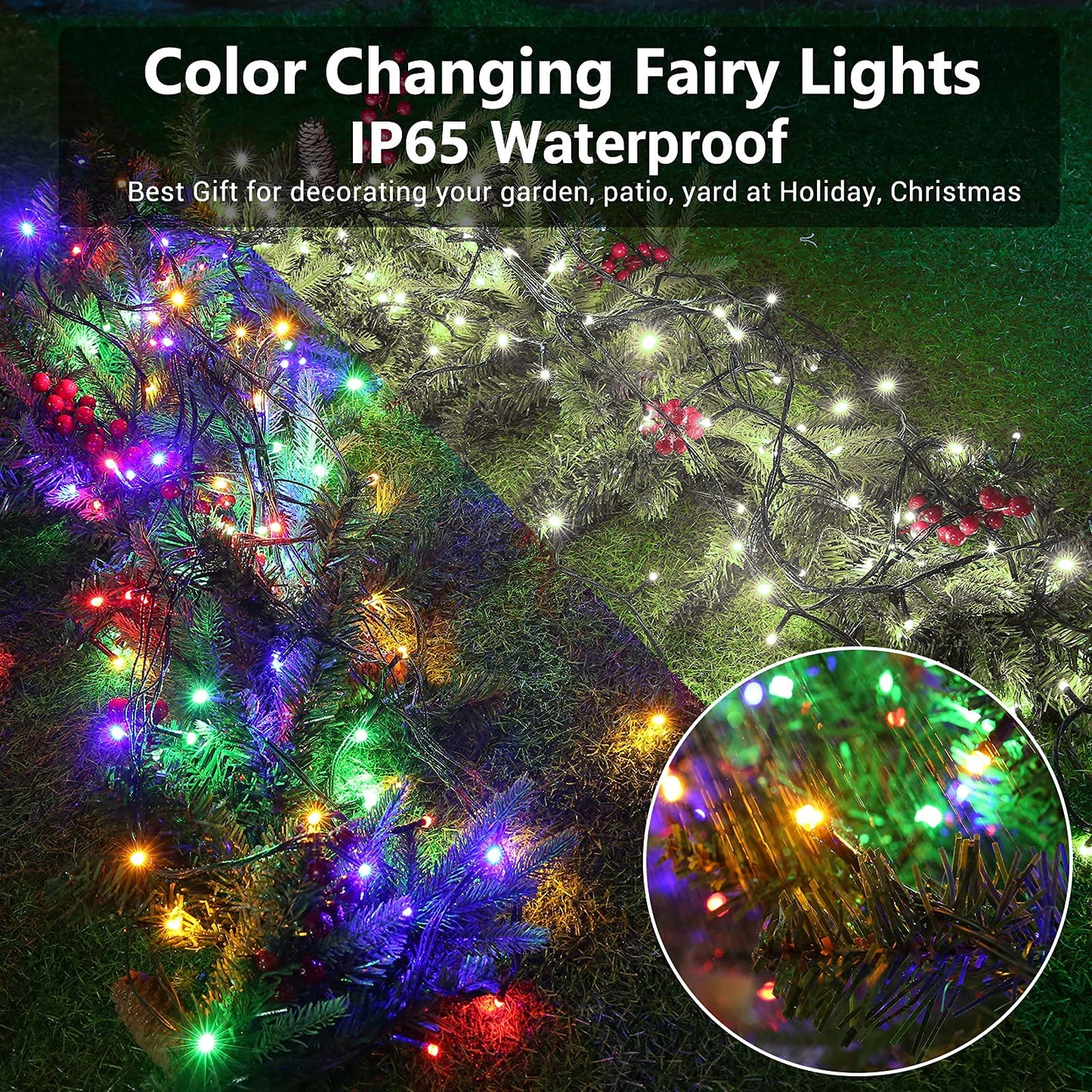 Joomer Solar String Lights, 144FT 400 LED, 12 Modes, Waterproof, Color Changing, White to Multicolor, 2 Pack
