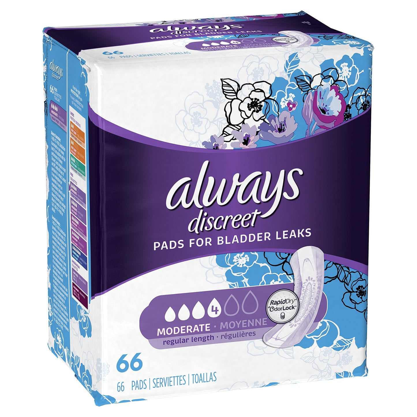 Always Discreet Incontinence Pads for Women, Moderate Absorbency, 66 Count