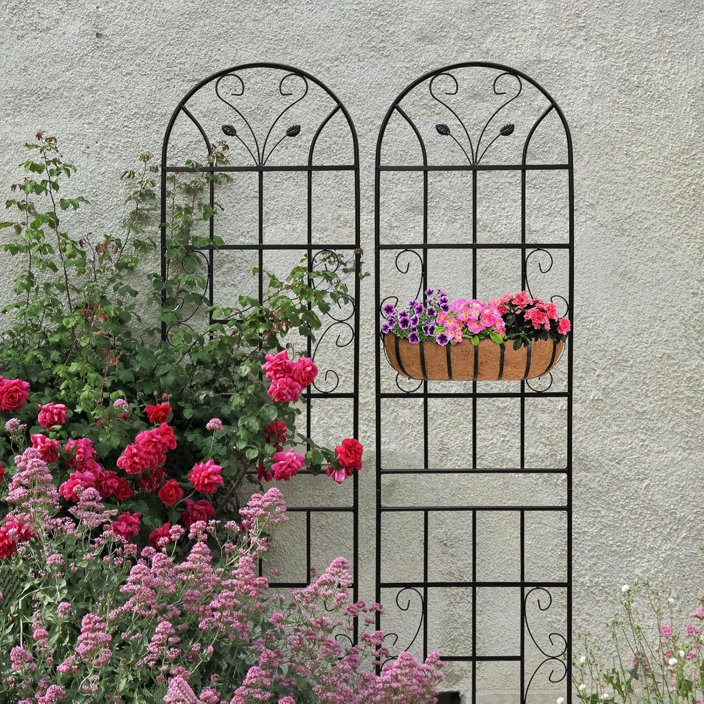 8 Pack Metal Garden Trellis for Climbing Plants, 86.7" Tall Rustproof Outdoor Trellis Panel with Vine Lines Design, Decorative Black Iron Plant Support for Vine, Rose, Flower, Garden Wall